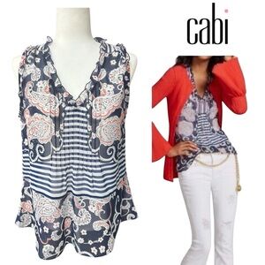 Cabi Sleeveless Sheer Paisley Striped Peplum Blouse Top Navy Orange White